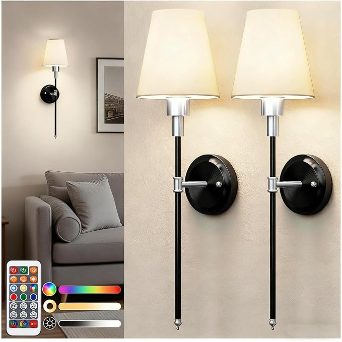 DORESshop Battery Operated Wall Sconce Set of 2, Wireless Wall Light Easy to Install, 7 Color Rechargeable Wall Sconces, Sconce Wall Decor Set of 2 for Bedroom, Living Room, Black and Chrome, 24.6in