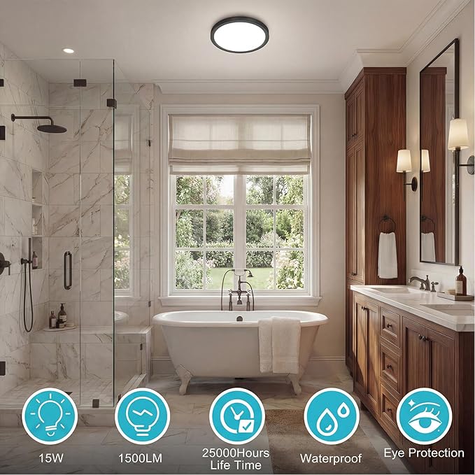 libtit 7 inch Flush Mount LED Ceiling Light Fixture, 3000K-6500K Adjustable, 15W 1500lm Black Satin Round Ceiling Lamp for Bathroom Hallway Kitchen Bedroom, 6 Pack