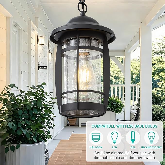 LOUSACE Outdoor Pendant Light - Adjustable Exterior Hanging Light Fixture Matte Black 1-Light Outdoor Chandelier Lantern Waterproof Aluminum with Seeded Glass for Front Porch, Gazebo, Patio, ETL List