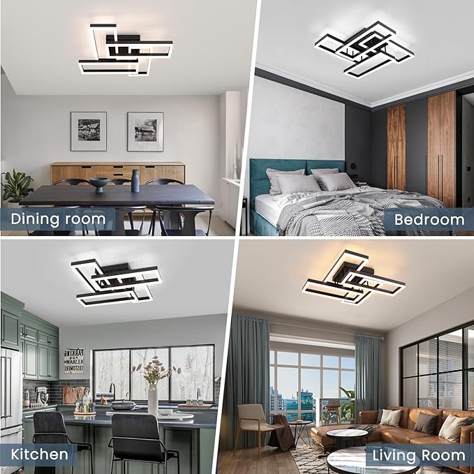 EIDISUNY Modern Led Ceiling Light for Living Room,Black Flush Mount Ceiling Lights with Remote Control&APP，3000-6500K Dimmable, 54W Acrylic Ceiling Lamp for Bedroom Kitchen Dining Room