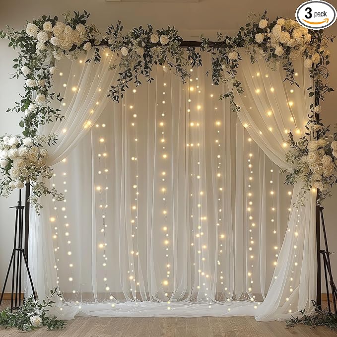 10x10ft White Tulle Backdrop Curtain with Lights String Sheer Drapes for Wedding, Birthday, Baby Shower, Bridal Shower, Photo Booth, Party, Home Decor (2 Panels, White)