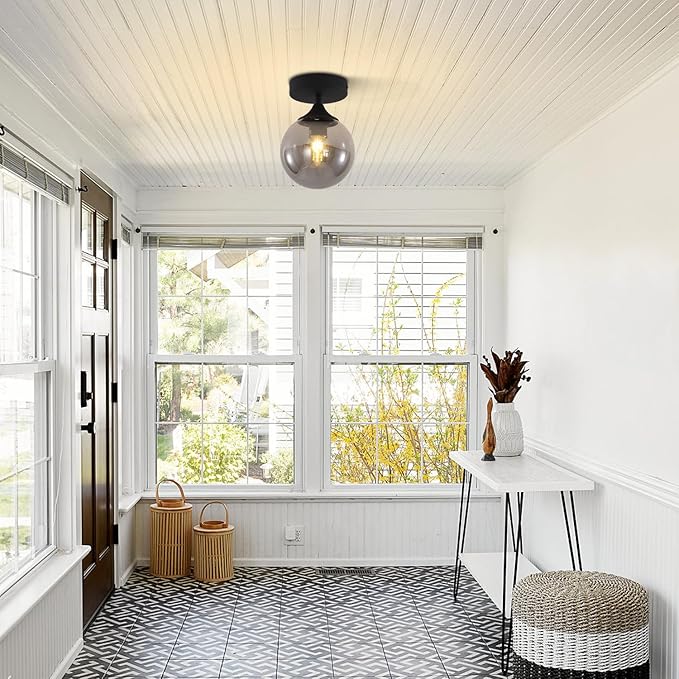 KCO Lighting Mid Century Modern Black Semi Flush Mount Ceiling Light Smoke Grey Globe Glass Ceiling Light Industrial Hallway Close to Ceiling Lights for Porch Bedroom Living Room