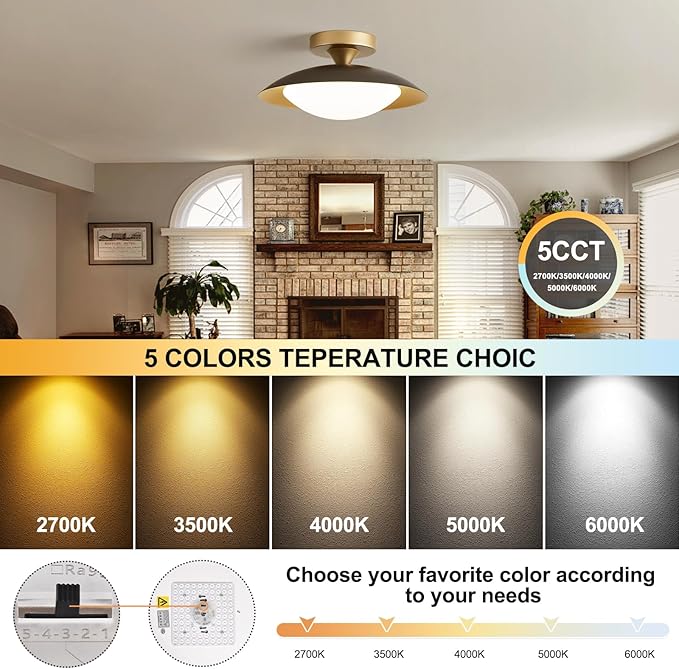 Small Dimmable Mid Century Modern Ceiling Light,5CCT LED Black Gold Semi Flush Mount Ceiling Lamp,for Hallway Entryway Bedroom Laundry Room Kitchen Light Fixture 2700K-6000K,11.81 in