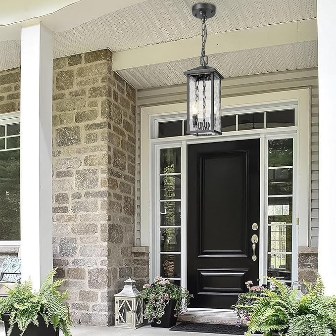 Outdoor Pendant Lights for Porch Chandelier Outdoor Pendant Lights Dusk to Dawn, 2-Light Modern Hanging Porch Lights Exterior Hanging Light Fixture with Water Ripple Glass for Patio Gazebo