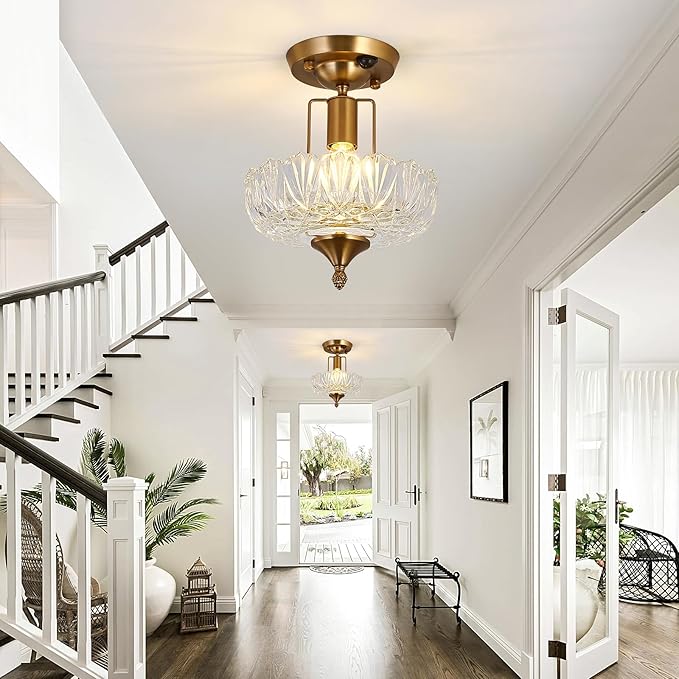 UOFUS Motion Sensor Semi Flush Mount Ceiling Light Gold Hallway Light Fixture with Clear Glass Indoor Small Chandelier for Hallway Entryway Porch Foyer Corridor