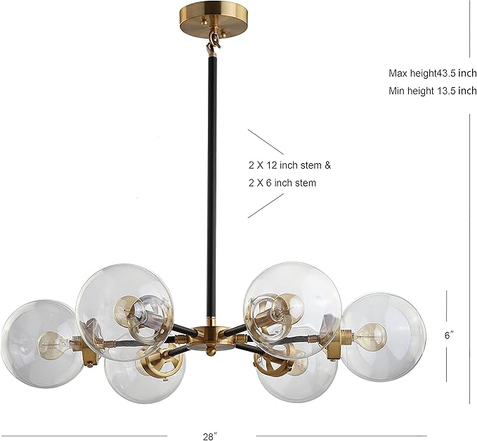 JONATHAN Y 28" Black/Brass Gold Modern 6-Light Cluster Pendant Chandelier, Clear Glass Shade Hanging Fixture for Kitchen Island Dining Room, LED Bulbs Included, Dimmable JYL9015A