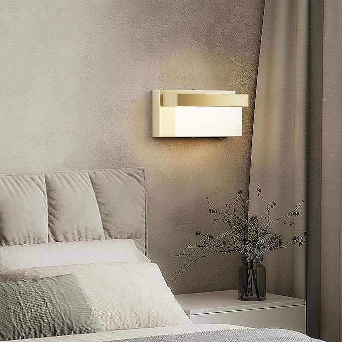 Switched LED Wall Sconce Set of 2, Indoor 8 inch 12 Watt 4000K Hardwired Champagne Wall Mounted Sconce Light with On/Off Switch, Frosted Arcylic Shade Sconces for Bedroom Living Room Bathroom Kitchen