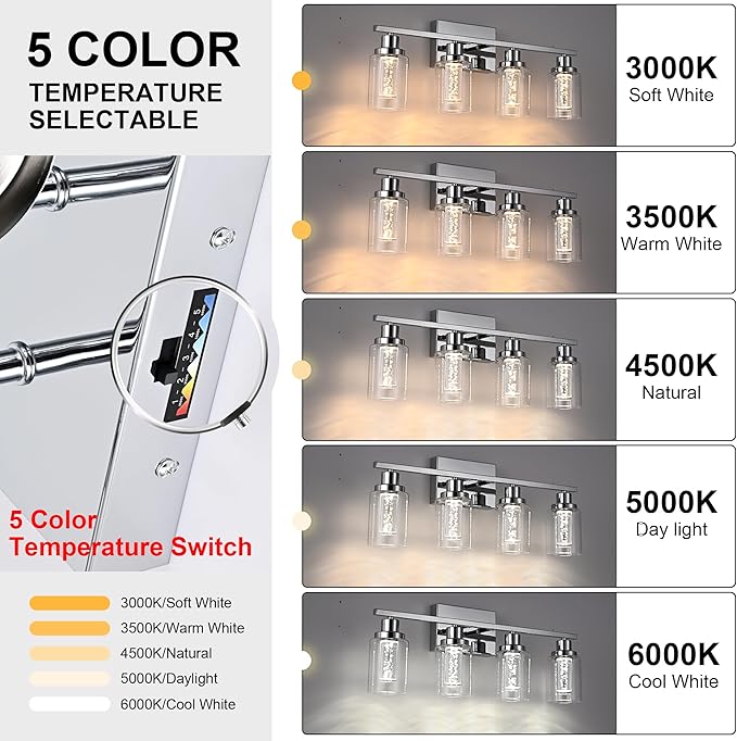 MELUCEE 6-Light LED Bathroom Vanity Light 5 Color Dimmable, Modern Chrome Vanity Lights Bathroom Light Bar Wall Sconce Lamp with Crystal Bubble Clear Glass Shade, Built-in LED Chips