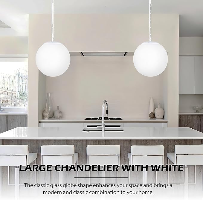 KoKo&Yukina 14 Inch Globe Pendant Light Adjustable White Globe Pendant Lights Kitchen Island Mid Century Light Fixture with Milky White Glass Shade for Living Room