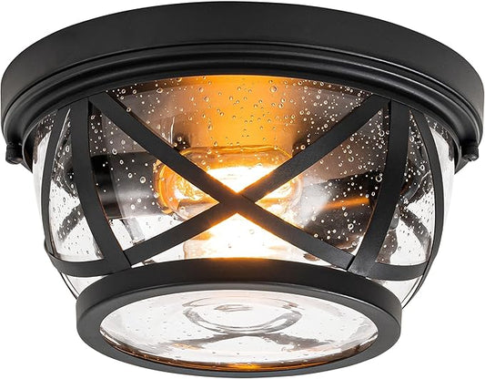 Flush Mount Ceiling Light Fixture Black, 2-Light Modern Farmhouse Porch Light Ceiling Mount for Outdoor, Indoor Flush Mount Lights Fixture for Hallway Foyer Kitchen Bathroom with Seeded Glass