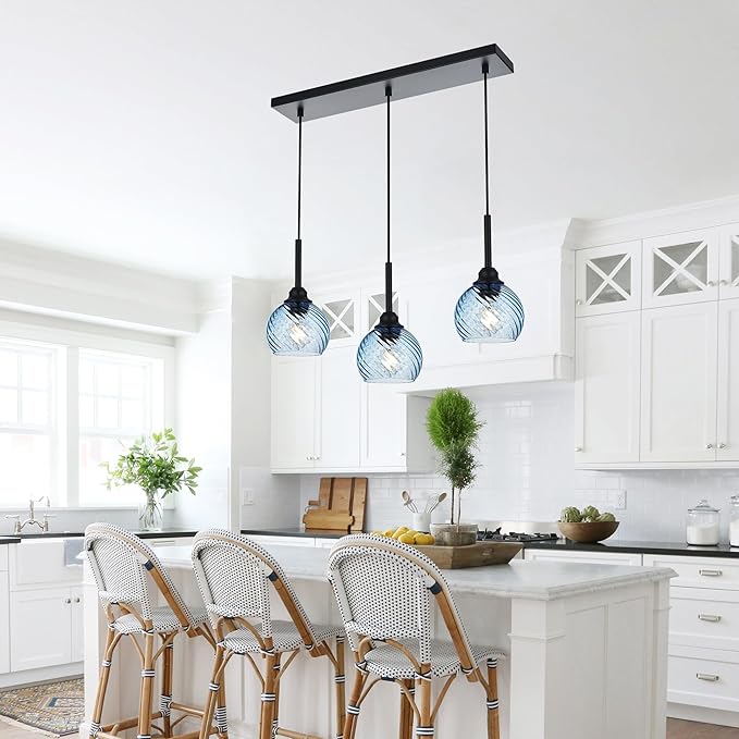 3 Light Island Lights for Kitchen with Striped Swirl Globe Glass, Black Linear Hanging Pendant Light Fixture Farmhouse Chandelier for Dining Room Bar Living Room