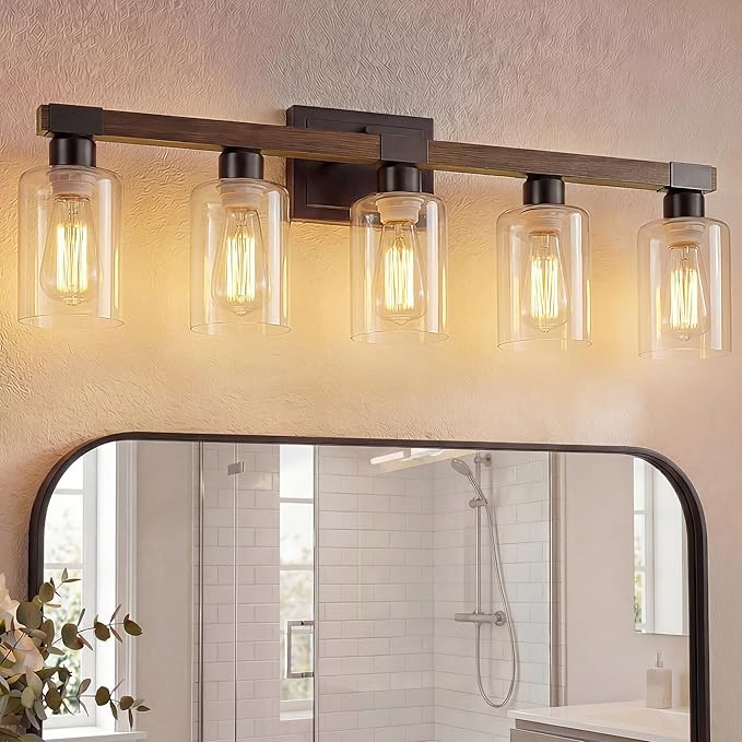 VOLISUN Farmhouse Bathroom Light Fixtures, 5 Light Bathroom Vanity Lights Over Mirror, Rustic Vanity Light for Bathrooms,Wood Bathrooms Lights Fixtures Over Mirror-UL Certificated