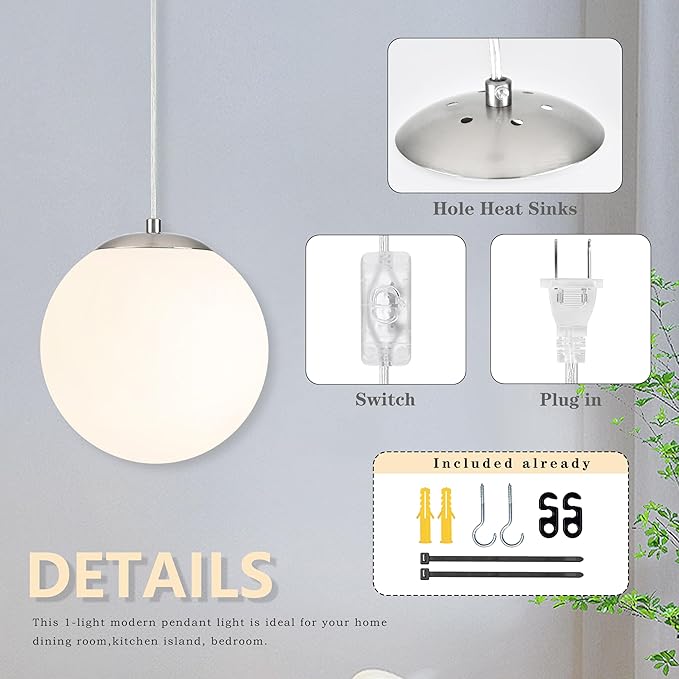 KoKo&Yukina 10" Globe Pendant Light Nickel Plug in Pendant Light Adjustable Hanging Lights with Plug in Cord Nickel Finished with Milk Glass Lampshade for Bedroom Kitchen Island (Bulb Included)