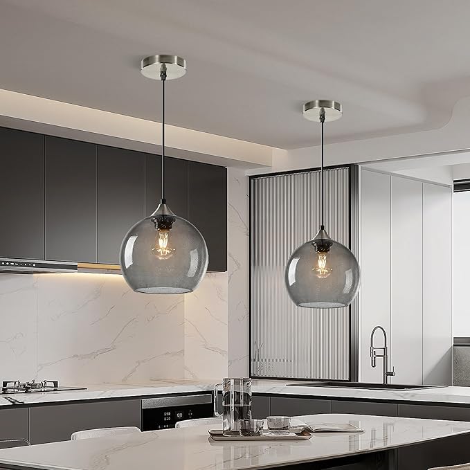 9.1in Large Light Gray Glass Pendant Light for Kitchen Island, 2-Pack with Extra LED Bulbs & 4.92ft Adjustable Cord | Modern Minimalist Lighting for Dining Room, Living Room, Entryway