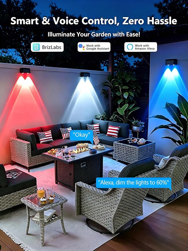 BrizLabs Smart Deck Lights, 6 Lamps RGBCW Outdoor 4th of July Fence Lights Work with Alexa & Google Home, Red White Blue Deck Light APP Controlled, Rainbow WiFi Fence Light Music Sync for Yard Garden