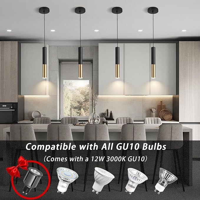 Modern Black and Gold Pendant Light Fixture for Kitchen Island, 1-Light Pendant Lighting, Lights Cord Adjustable, Matching GU10 lamp Holder,for Living Room Bedroom Dining Room(3Pack)