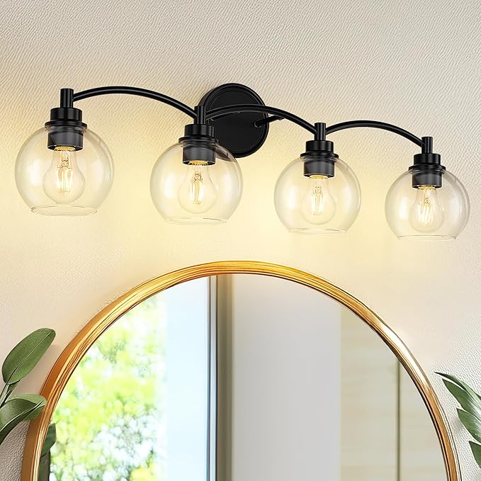 4-Light Vanity Light Fixture Over Mirror,Globe Bathroom Light with Clear Glass,Modern Black Wall Sconce,ZCVL02BK-4