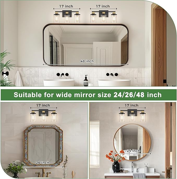 DORESshop 17 Inch Bathroom Light Fixtures, 3-Light Black & Rope Bathroom Lighting Fixtures Over Mirror with Clear Glass Shade, Vanity Lights for Living Room Bedroom