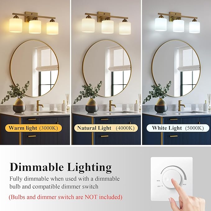 Mecgirn Milk Glass Vanity Lights for Bathroom, 3 Light Brass Bathroom Light Fixtures Over Mirror, Ceramic E26 Sockets Wall Mounted