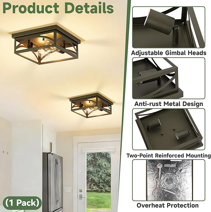 Flush Mount Ceiling Light, Farmhouse Ceiling Light Fixture for Hallway Kitchen, Outdoor Porch Ceiling Light Flush Mount, Bedroom Lights for Ceiling, Dark Olive, 1 Pack(Bulbs Not Included)