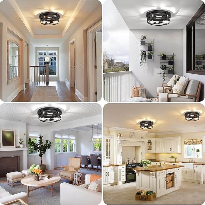 13-Inch Farmhouse Ceiling Light Fixture, 3-Light Flush Mount Light Fixture, Kitchen Lighting Fixtures Ceiling with Adjustable Head, Black Light Fixture for Bedroom Hallway Kitchen Entryway (1-Pack)