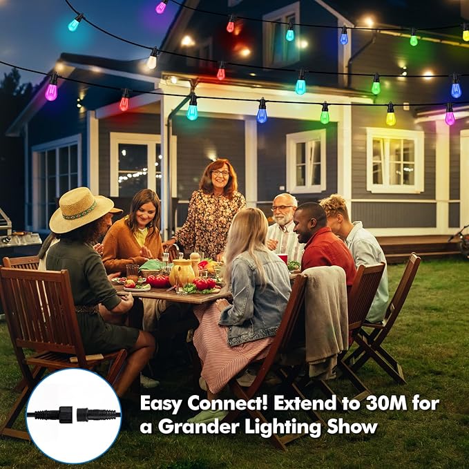 Outdoor String Lights Waterproof Patio Lights 104FT (2x52FT) 40 RGBW Dimmable LED Bulbs, APP & Remote Control, Shatterproof Hanging Color Changing Lights for Outside Backyard Party Porch Balcony