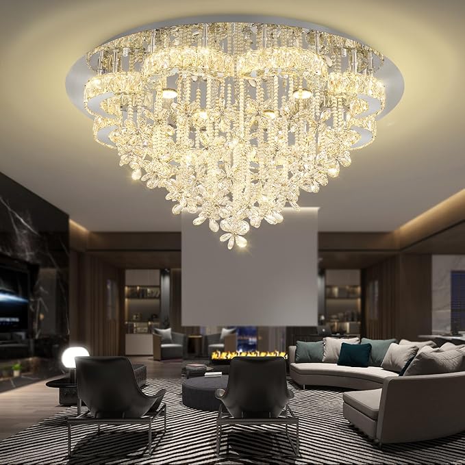 Flashing God Dia 48“ Modern Crystal Chandelier Living Room Large Chandeliers Dinning Room Crystal Raindrop Chandelier Flush Mount Ceiling Light LED Dimmable 2700k 4500k 6000k