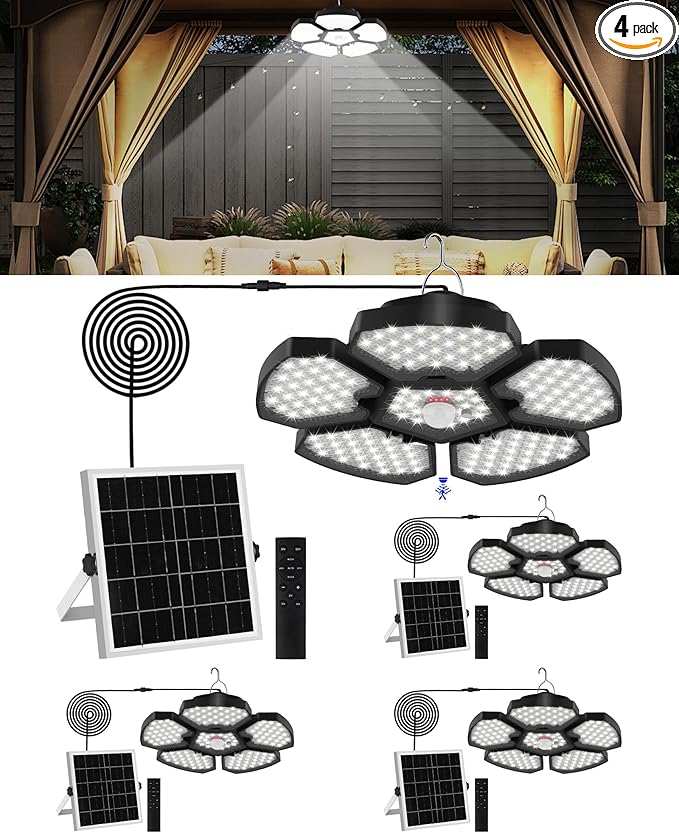 T-SUN Solar Shed Light Indoor Outdoor, 1200LM 156LED Motion Sensor Pendant Light with 5 Lighting Modes & Remote, Daytime Available Waterproof Solar Light for Shed Barn Gazebo Shop Garage