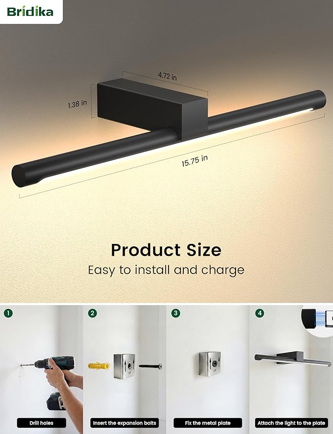 Bridika Metal Picture Light for Wall 15.7inch, Battery Operated Art Light for Paintings Wireless with Remote & Timer, 3 CCT, Dimmable Wall Lights for Picture, Gallery, Artwork,Portrait Black 2