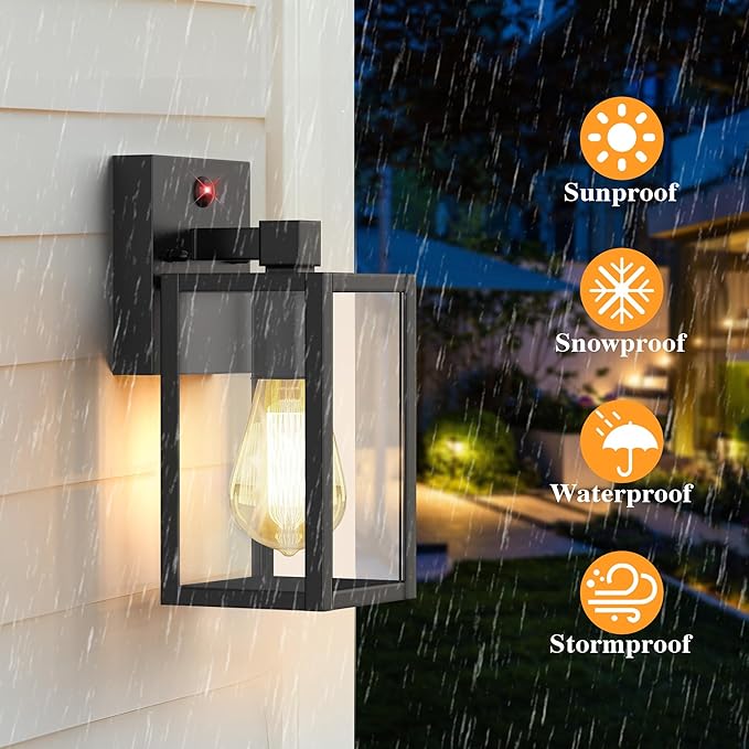 Motion Sensor Outdoor Wall Lights, Dusk to Dawn Outdoor Porch Lights For House, 2 Pack Exterior Lighting Fixtures with E26 Sockets, Black Wall Mounted Waterproof Outside Lanterns For Garage Entryway