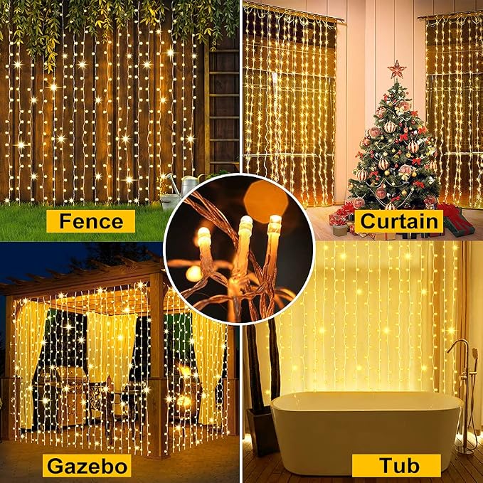 Upgraded Solar Curtain Lights Outdoor Garden Fairy String Lights 300 LED 8 Modes Remote Control Waterproof Waterfall Lights for Gazebo Patio Party Festival Wedding Christmas Decorations(Warm)