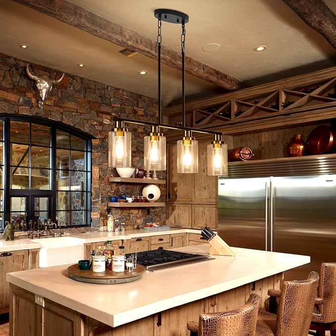 Island Lights for Kitchen, 4-Light Farmhouse Dining Room Light Fixtures Over Table, Matte Black and Gold Linear Chandeliers for Dining Room，Industrial Pendant Lighting with Clear Glass Shade