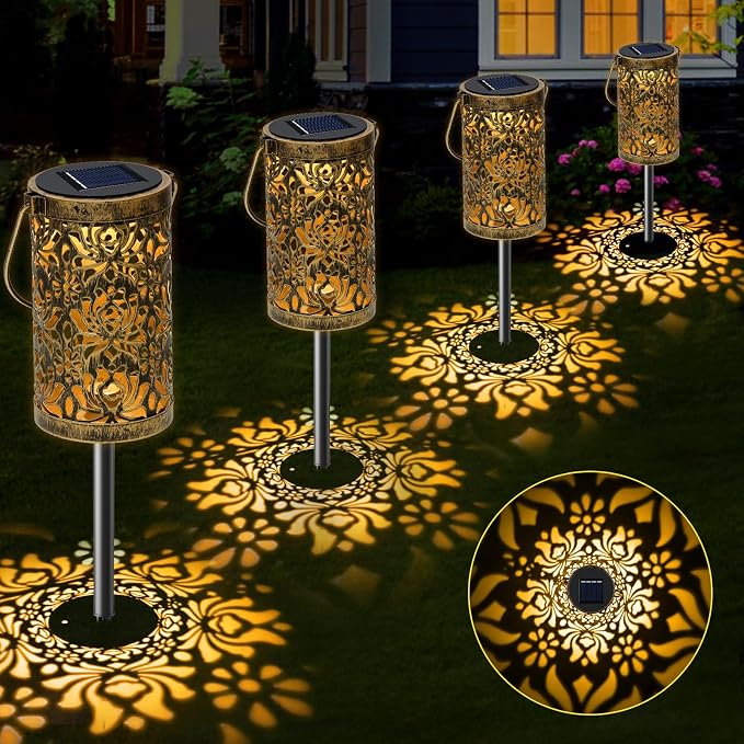 4 Pack Solar Pathway Lights Lights Outdoor, LED Solar Lantern Bright Metal Retro Waterproof, Outside Decorative Rose Hanging Lanterns Solar Powered for Path Lawn Patio Yard Walkway (Rose, 4 Pack)