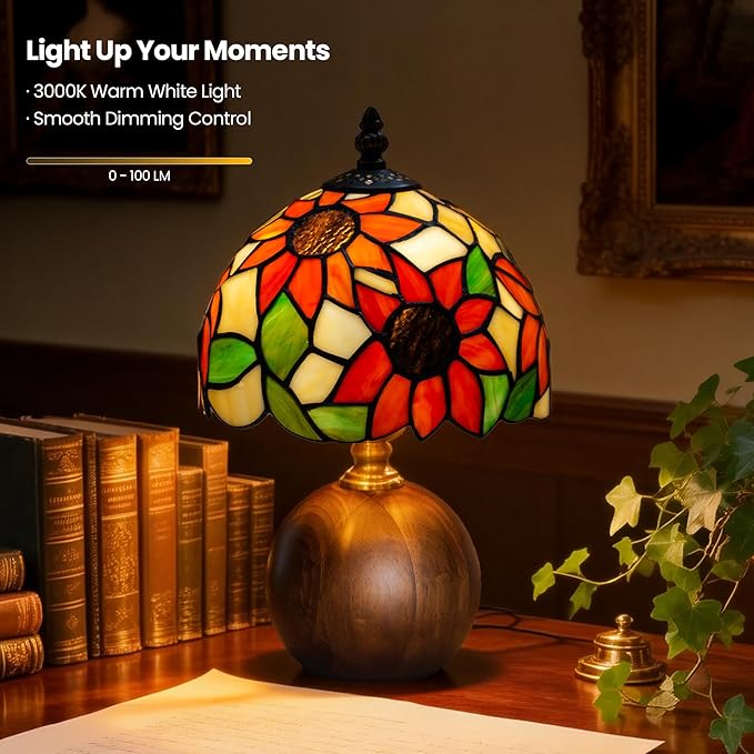 12.2" Handcrafted Sunflower Tiffany Lamp, Solid Wood Sphere Base, Stepless Dimmable Bedside Lamp for Reading Nook, Library & Mid-Century Decor, Aesthetic Antique Art Gifts, G45 LED Bulb Included