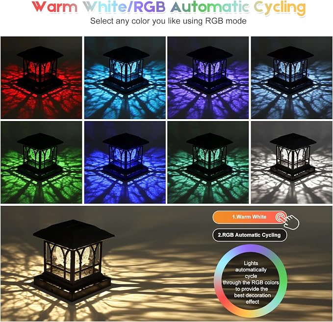Fence Post Solar Lights, Crackle Glass Solar Post Cap Lights, 20 Lumens, Warm White & RGB Automatic Cycling 2 Modes for 3.6x3.6 4x4 4.5x4.5 5x5 Vinyl Wooden Posts Decoration, Black (12 Pack)