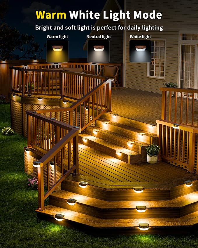 Solar Deck Lights Outdoor 4 Pack, 12 Color Changing Solar Powered Step Lighting with Remote, IP67 Waterproof Led RGB Colors Lamp for Outside Fence, Step, Stair Railing, Wall, Patio, Pool
