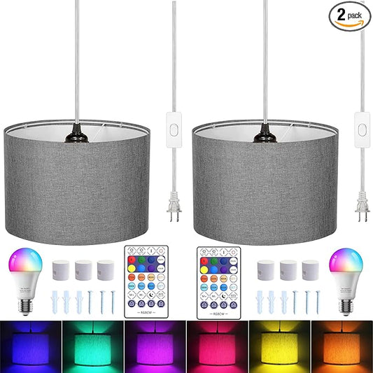 ZSLAIFU 15FT Plug in Pendant Light with Switch,Hanging Lamp with Plug in Cord, Hanging Light Pendant Lamp with Remote Control，Pendant Light Fixture for Living Room Bedroom Farmhouse (Grey x2)