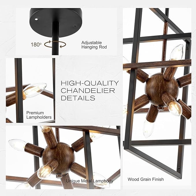 8-Light Farmhouse Sputnik Wood Pendant Light, 18.9'' Vintage Rustic Brown Wood Chandeliers,Retro Industrial Hanging Light Fixtures for Dining Room