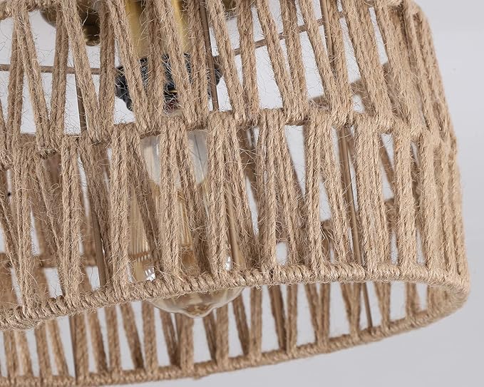 Coastal Antique Gold Woven Flush Mount Light Fixture Rustic Boho Hemp Rope Brass Semi Flush Mount Ceiling Light for Hallway Bedroom Farmhouse Kitchen Entryway Hall