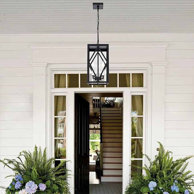 3 Light Outdoor Pendant Lights for Porch, 15.7'' Waterproof Exterior Hanging Porch Lights Ceiling Mount Outdoor Chandelier with Clear Glass for Front Porch Gazebo Patio, White Socket