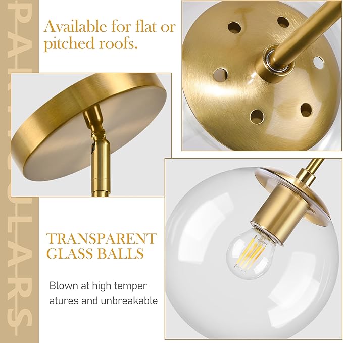 Bagood 8" Globe Pendant Light Gold 2 Pack Mid Century Pendant Light Globe Pendant Lights Kitchen Island Brushed Brass Finished with Clear Glass Adjustable Ceiling Light Fixtures for Dining Room Bar