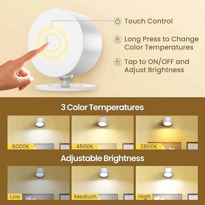 LED Wall Mounted Lamps, Battery Operated Rechargeable Wall Lights, 3CCT & Dimmable, 360°Rotation with Magnetic Ball, Cordless Wall Sconces for Picture Bedside Bedroom Reading, White-1 Pack