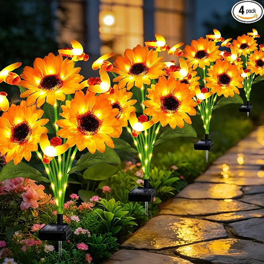Kohlrabi Solar Garden Lights-4 Pack Solar Sunflowers with Swaying Bees, Gifts for Mom Women Mothers Day Birthday, Waterproof Sunflower Light for Outdoor Patio Yard Decor