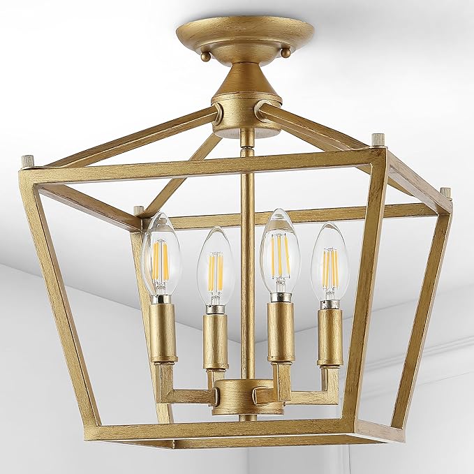 JONATHAN Y 12" Brass Gold Modern Farmhouse Pagoda 4-Light LED Semi Flush Mount Lantern, Metal Ceiling Light Fixture for Kitchen, Hallway, Entryway, Bedroom, Hardwired (JYL7610B)
