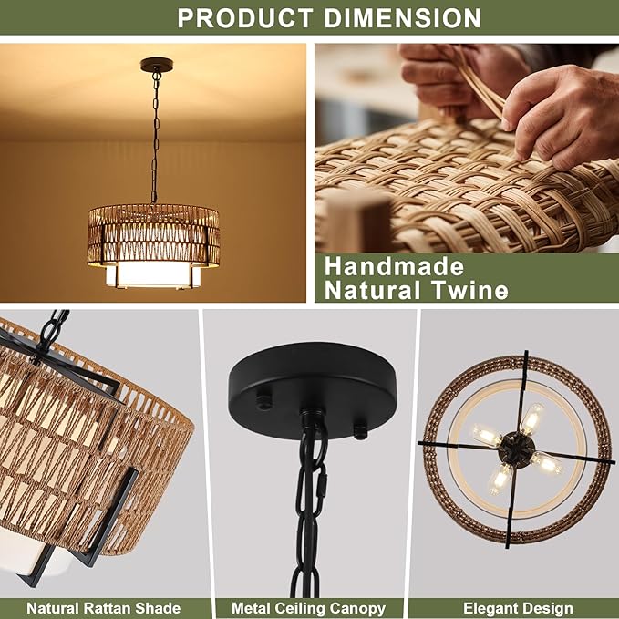 4-Light Boho Rattan Chandelier, 18" Rattan Pendant Light with Fabric Shade, Farmhouse Boho Hanging Chandelier for Dining Room, Living Room, Kitchen Island, Bedroom, Hallway, Foyer