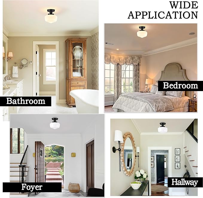 Black Schoolhouse Light Fixture 8" Mid Century Light Fixture Schoolhouse Light Fixtures Ceiling Milk Glass Light Fixtures Semi Flush Mount Ceiling Light for Bathroom (Bulb Incl.)