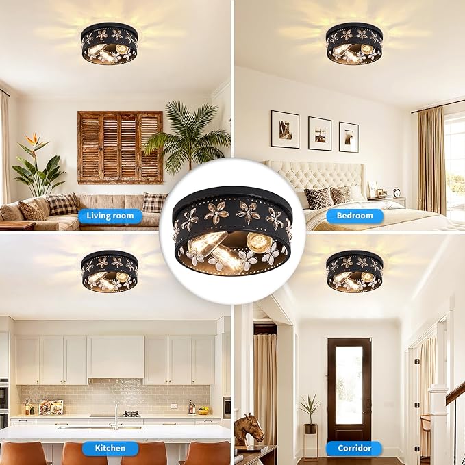 12.6 inch Black Flush Mount Ceiling Light Fixtures, 3-Light Ceiling Mount for Industrial, Crystal Light Fixtures for Farmhouse, Bedroom, Living Room, Kitchen, Hallway and Foyer (1 Pack)
