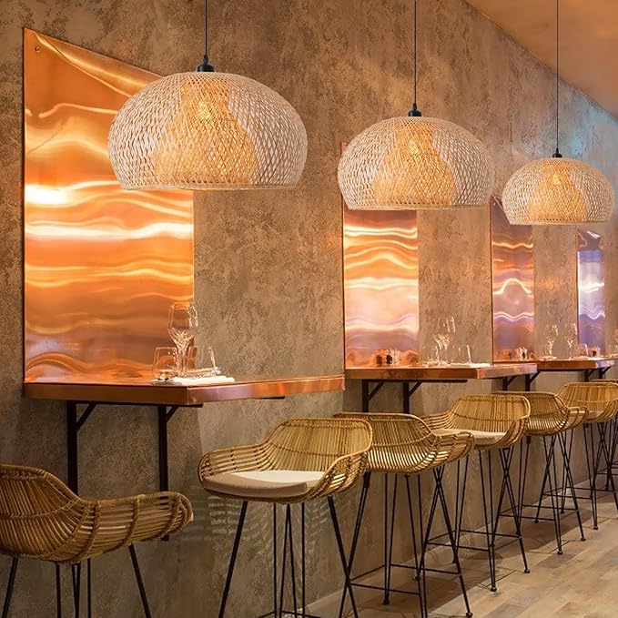 23.6" Bamboo Pendant Light Hand-Woven Rattan Hanging Lamp Boho Bamboo Chandelier for Dining Living Bedroom Kitchen Farmhouse