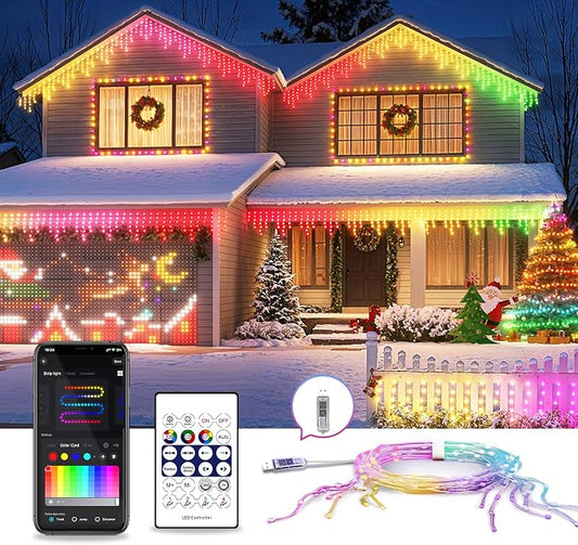AHAWILL Icicle Lights for Outside,33ft Christmas Lights Outdoor with Dimmable 255LED,IP65 Waterproof,USB Plug in Curtain String Lights with DIY Scene Modes for Party,Roof,Halloween Decor(Multicolor)