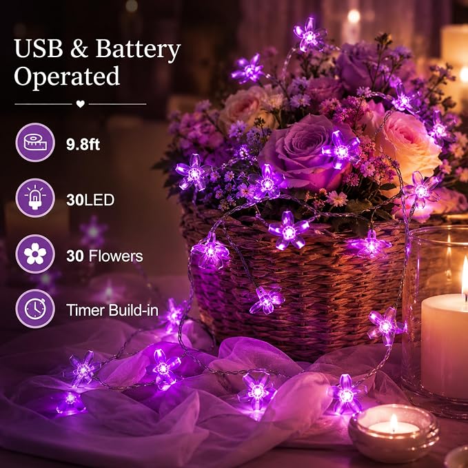 Battery/USB Operated 9.8ft 30LED Purple Cherry Blossom Flower String Lights | Cute Fairy Lights For Bedroom, Valentine'S Day, Christmas, Easter, Wedding, Party, Birthday Indoor Outdoor Romantic Decor